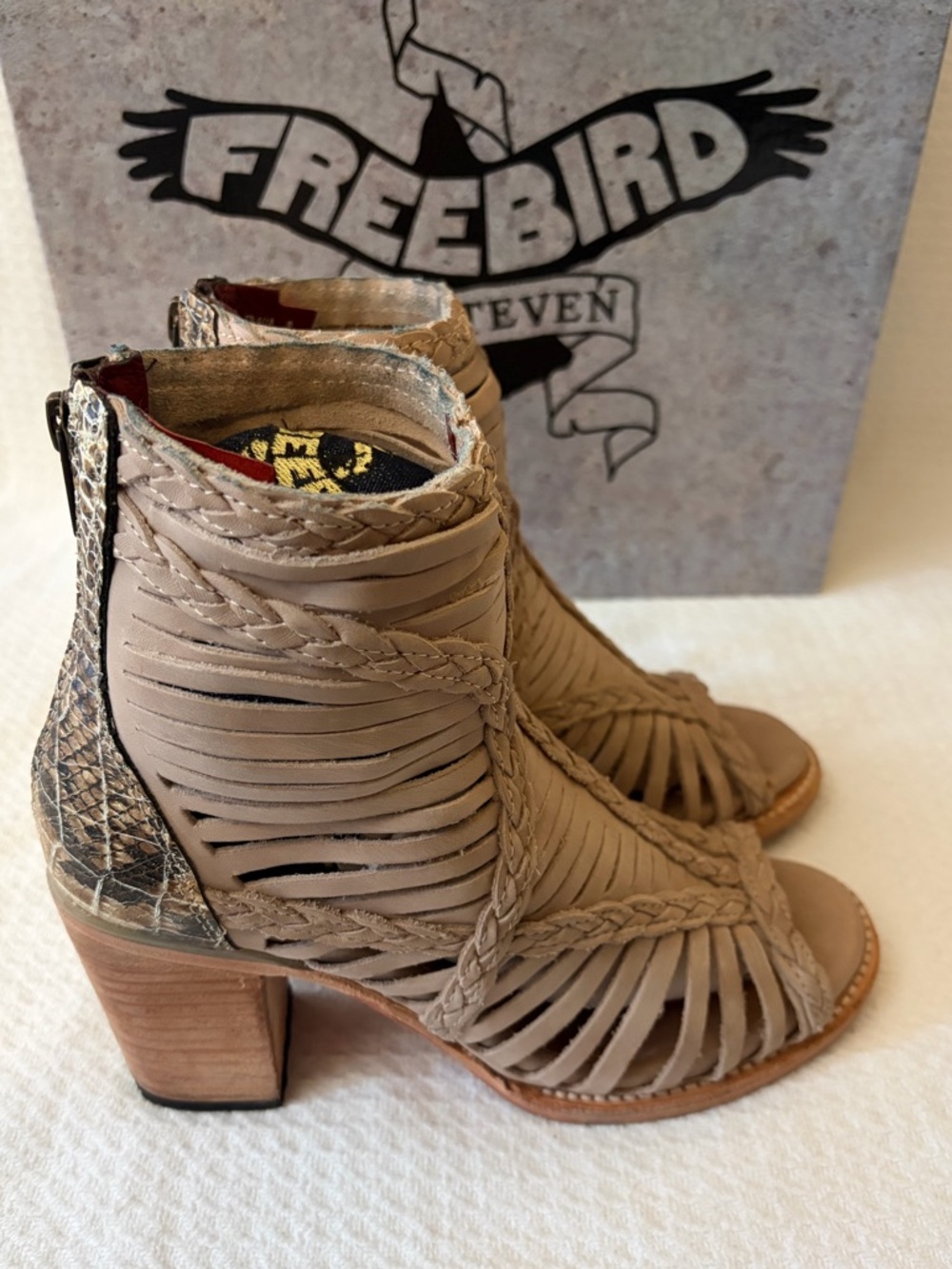 Freebird by Steven Bela Taupe Snake Print Heel Leather Ankle Peep Toe Boots 9